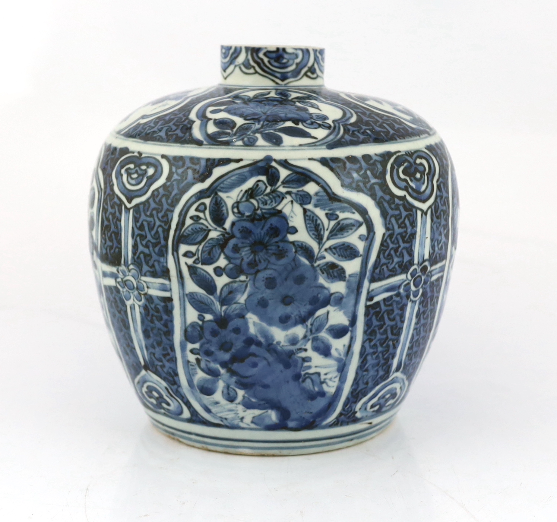 A Chinese late Ming blue and white jar, Wanli period, neck reduced